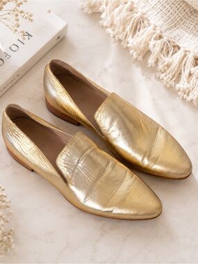 Esquivel Womens Metallic Gold Leather Pointed Toe Slip On Loafers Size 9